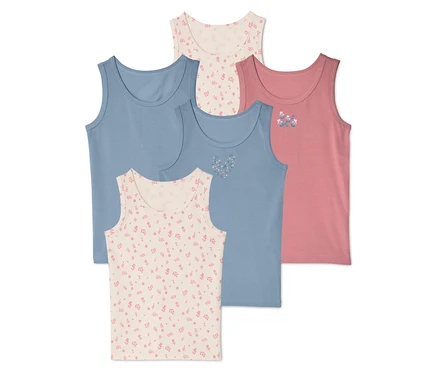 Lot de 5 maillots de corps pour enfant: deux bleu clair (un avec broderie florale en forme de cœur), un rose poudré avec broderie florale et deux crème à motifs floraux roses.