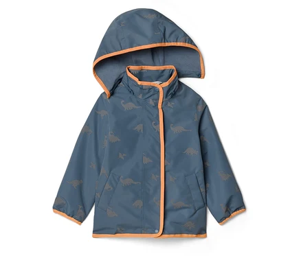 Veste enfant bleu-gris à capuche avec motif dinosaure et bordures orange.