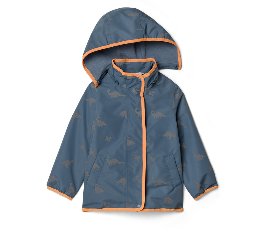 Veste enfant bleu-gris à capuche avec motif dinosaure et bordures orange.