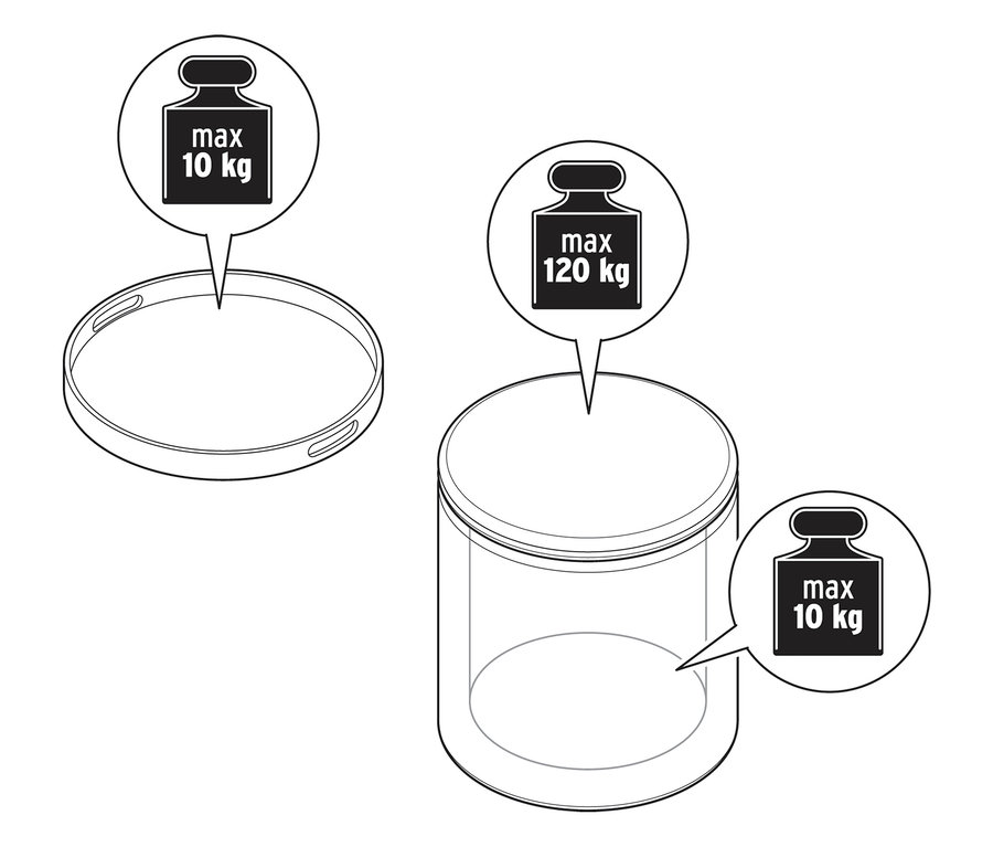 Illustration d'une table d'appoint avec plateau et fonction d'assise avec indication du poids.