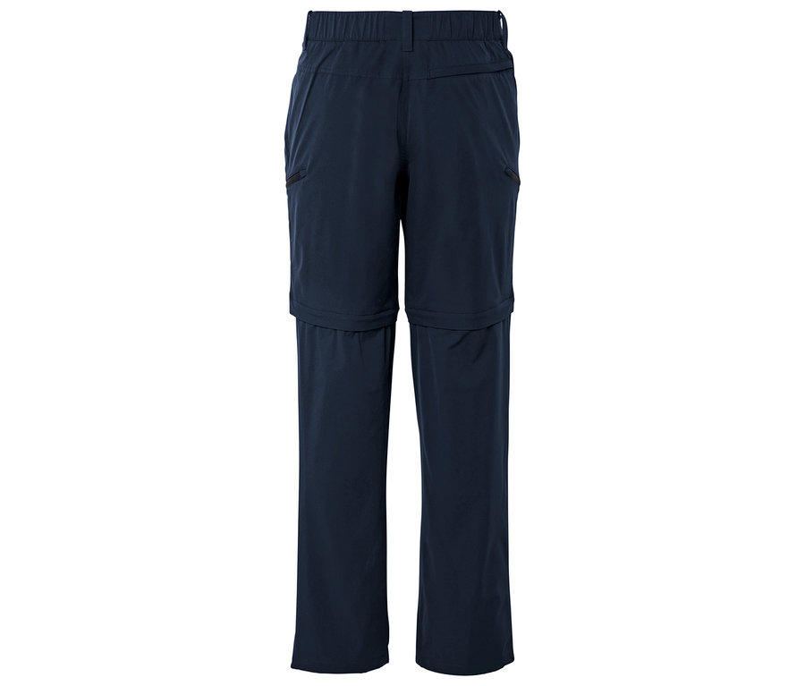 Pantalon long bleu foncé avec fermeture éclair sous le genou, photographié de dos.