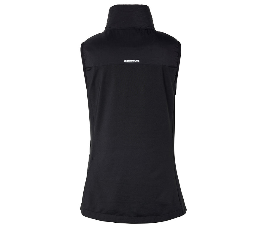 Veste noire sans manches avec col montant et fermeture éclair.