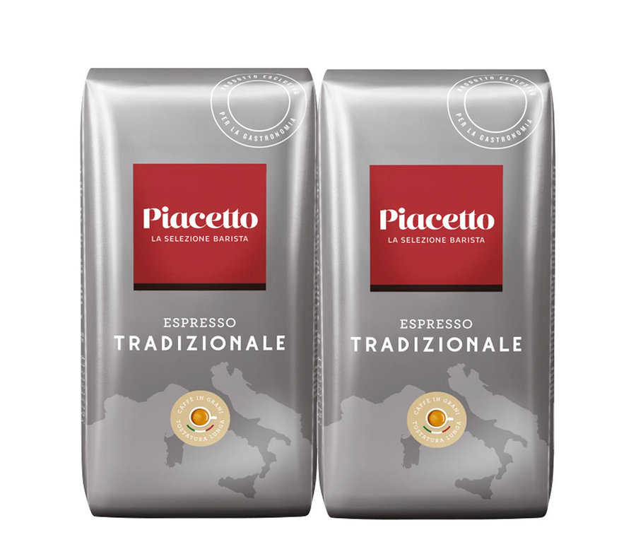 Deux paquets d' Espresso Tradizionale Piacetto - 2x 1 kg de grains entiers.