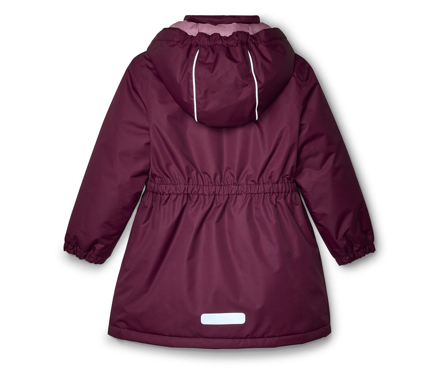 Veste enfant prune vue de dos, avec capuche, taille élastique et détails réfléchissants.