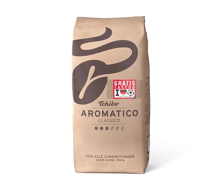 Paquet brun de café en grains Tchibo Aromatico Classico 1 kg avec autocollant Gratis Tattoo.