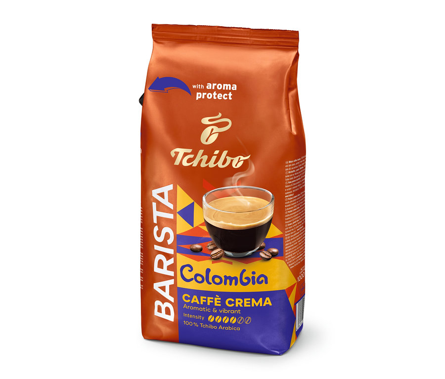 Sac vertical brun et bleu BARISTA Origins Colombia en grains – 1 kg avec tasse de café et grains de café.