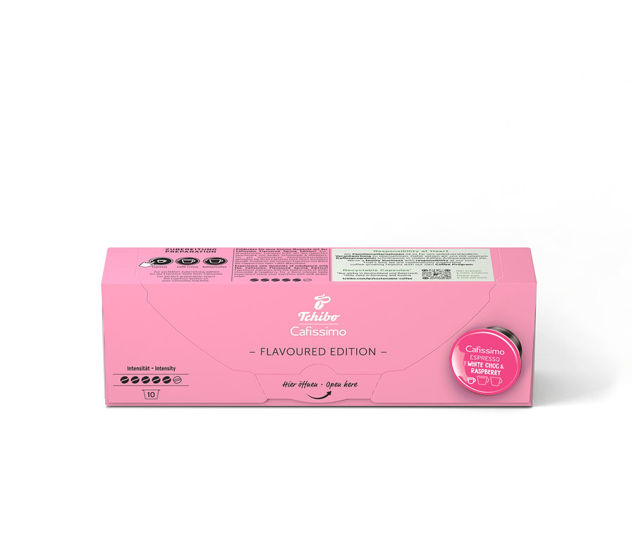 Un paquet de 10 capsules Cafissimo Flavoured Espresso – White Choc & Raspberry.