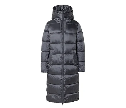 Long manteau matelassé gris foncé avec capuche et fermeture éclair intégrale, sur fond blanc.