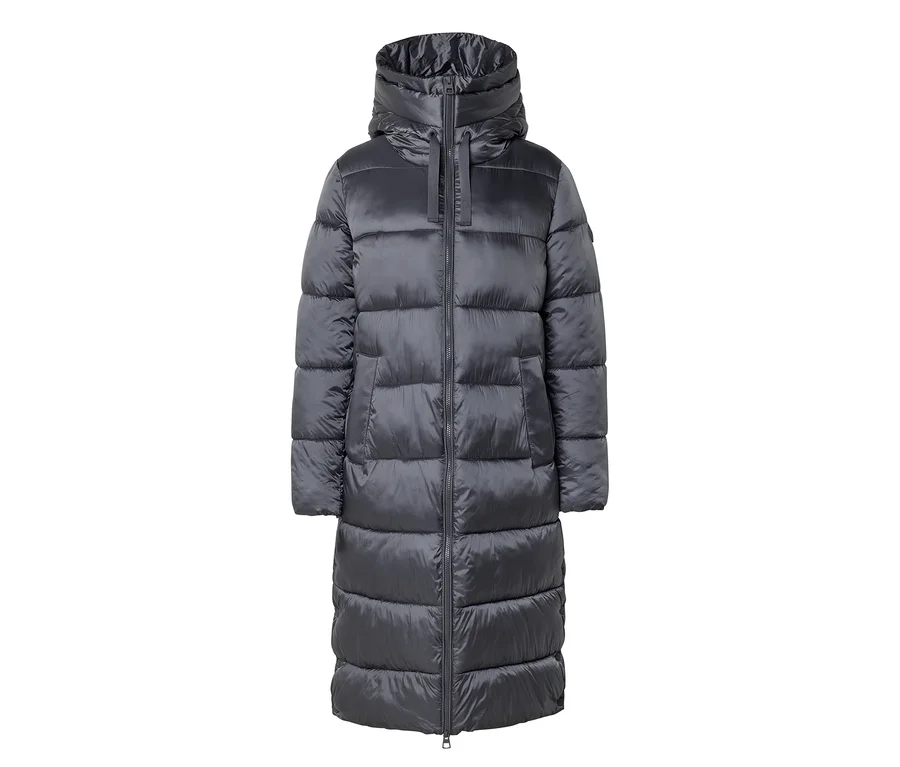 Long manteau matelassé gris foncé avec capuche et fermeture éclair intégrale, sur fond blanc.