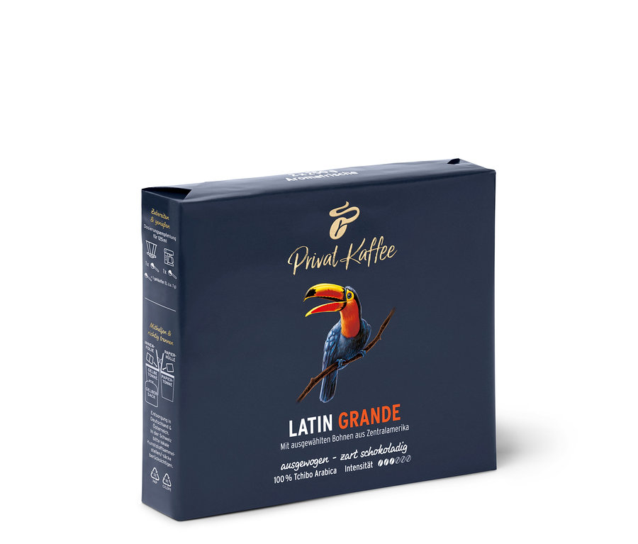 Un paquet de café moulu Privat Kaffee Latin Grande avec un toucan.