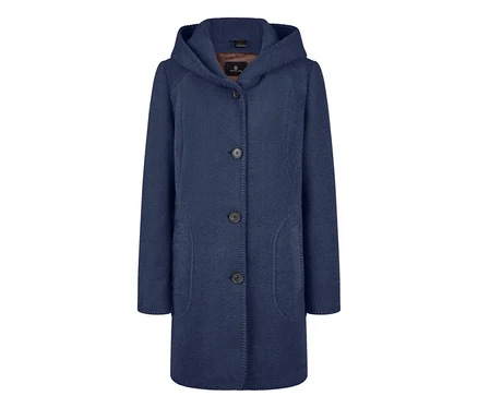Manteau en laine bleu Barbara Lebek avec capuche, patte de boutonnage et poches.