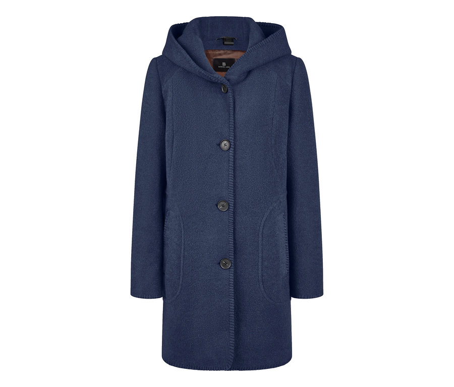 Manteau en laine bleu Barbara Lebek avec capuche, patte de boutonnage et poches.
