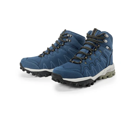 Deux chaussures de randonnée bleues avec des lacets gris et une semelle noire.