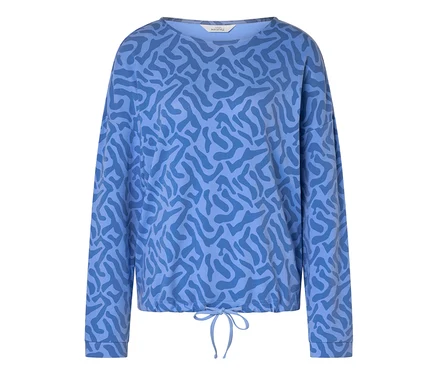 T-shirt bleu à manches longues avec motif abstrait et cordon de serrage à l'ourlet.