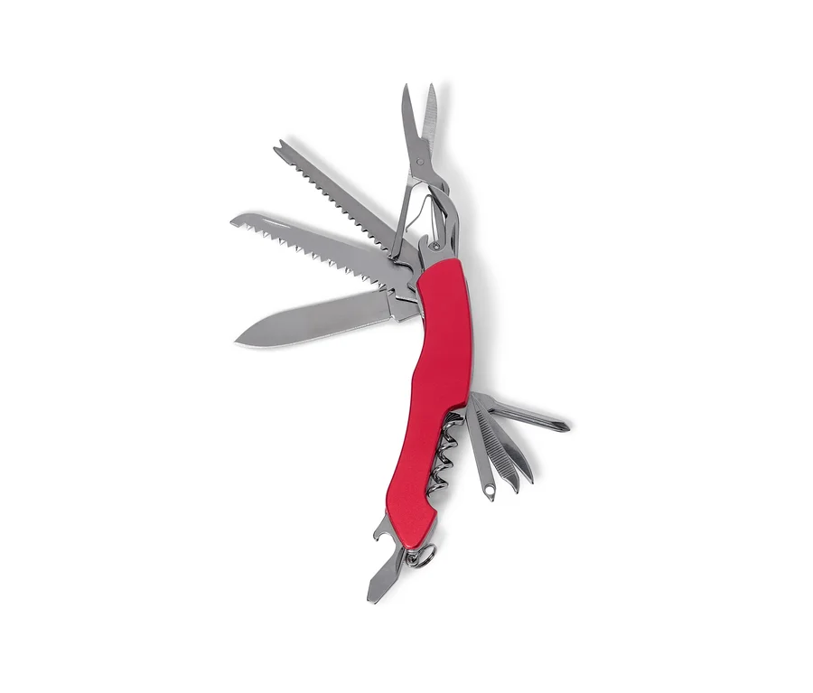 Gros plan d'un outil multifonction rouge avec divers outils déployés sur un fond blanc.