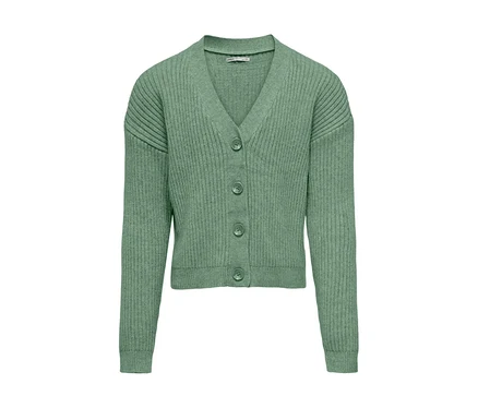 Cardigan ONLY GIRLS Mandy vert côtelé avec un col en V et quatre boutons.