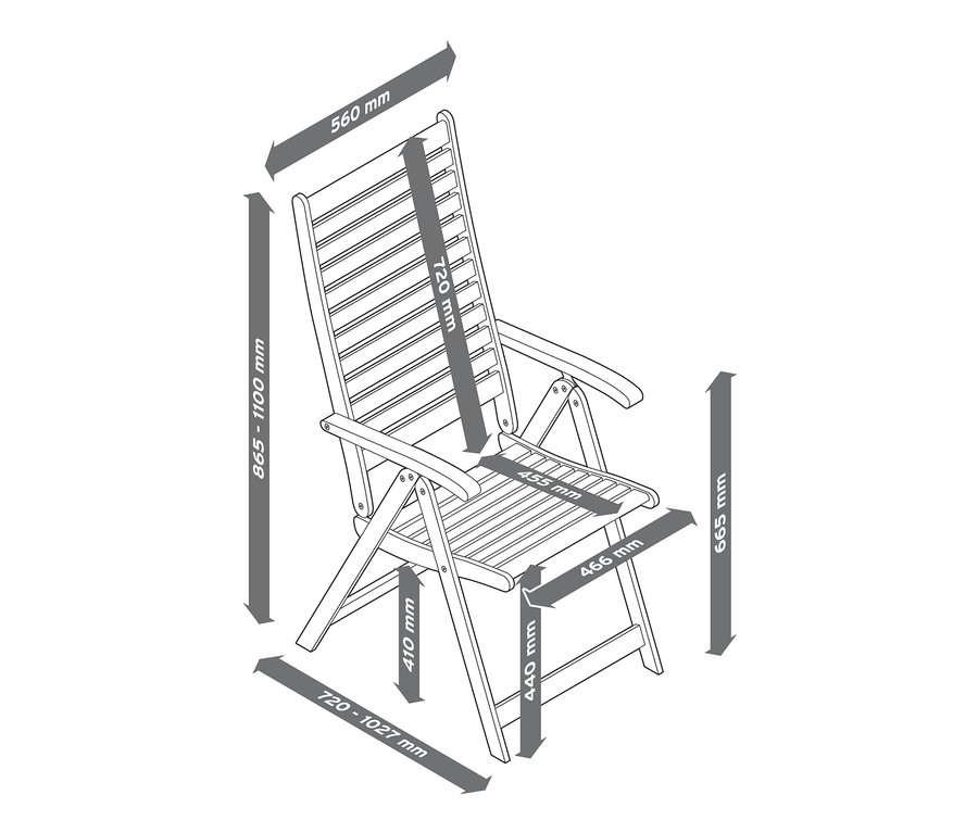 Schéma d'une chaise à dossier haut réglable avec dimensions.