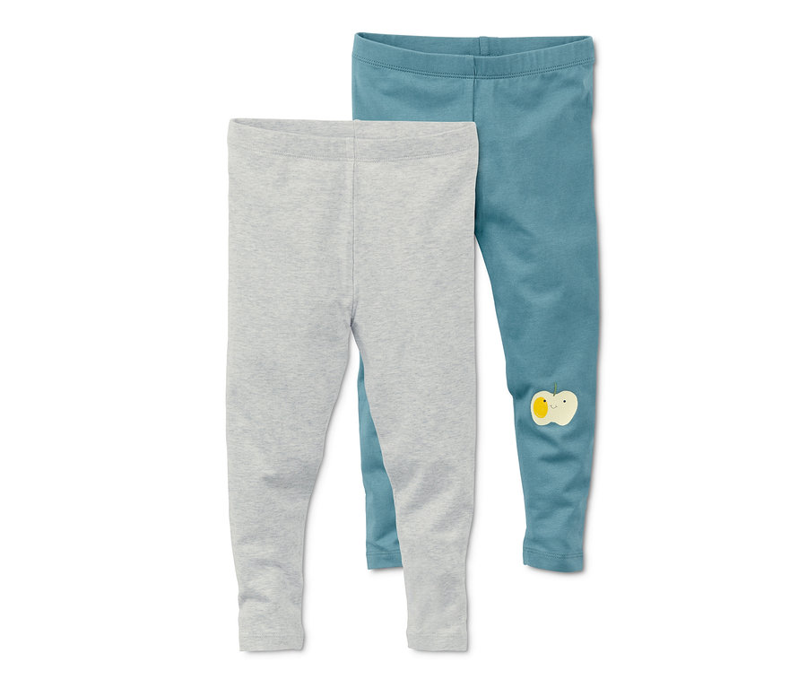 Deux leggings : un gris et un bleu-vert avec un patch pomme.