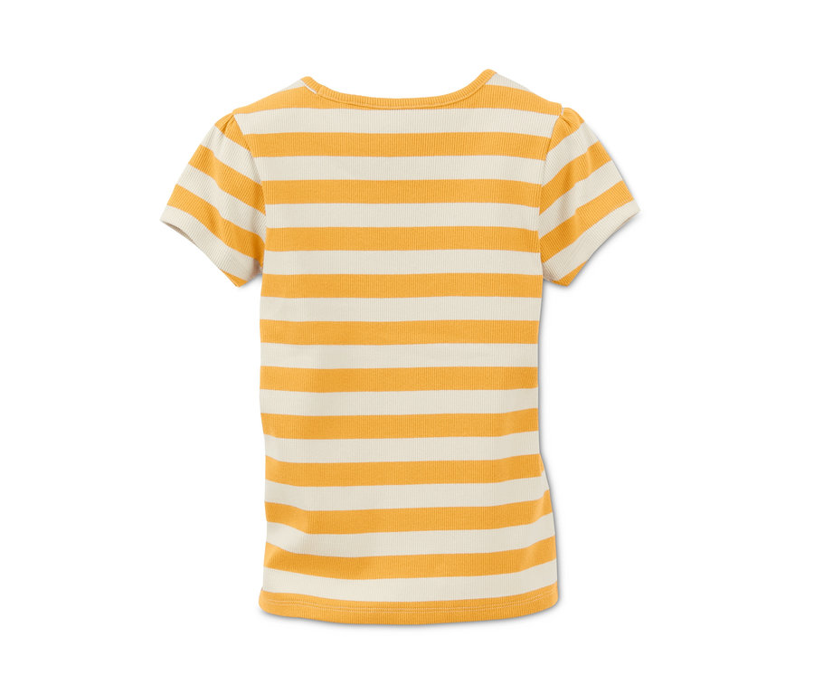 Vue arrière d'un t-shirt à rayures jaunes et crème en matière côtelée.