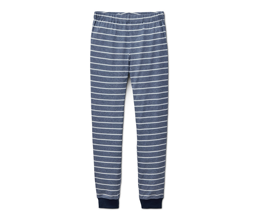 Un pantalon de pyjama pour enfants avec des rayures horizontales bleues et blanches.
