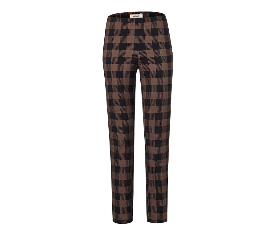Un pantalon stretch à carreaux marron et noir.