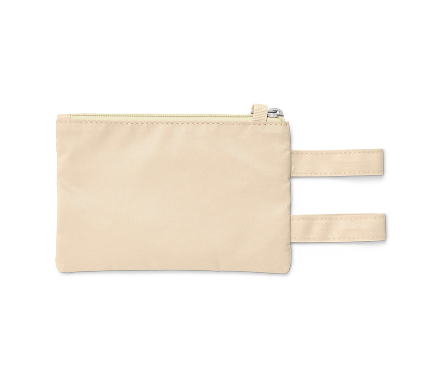 Un sac banane beige avec une fermeture éclair.