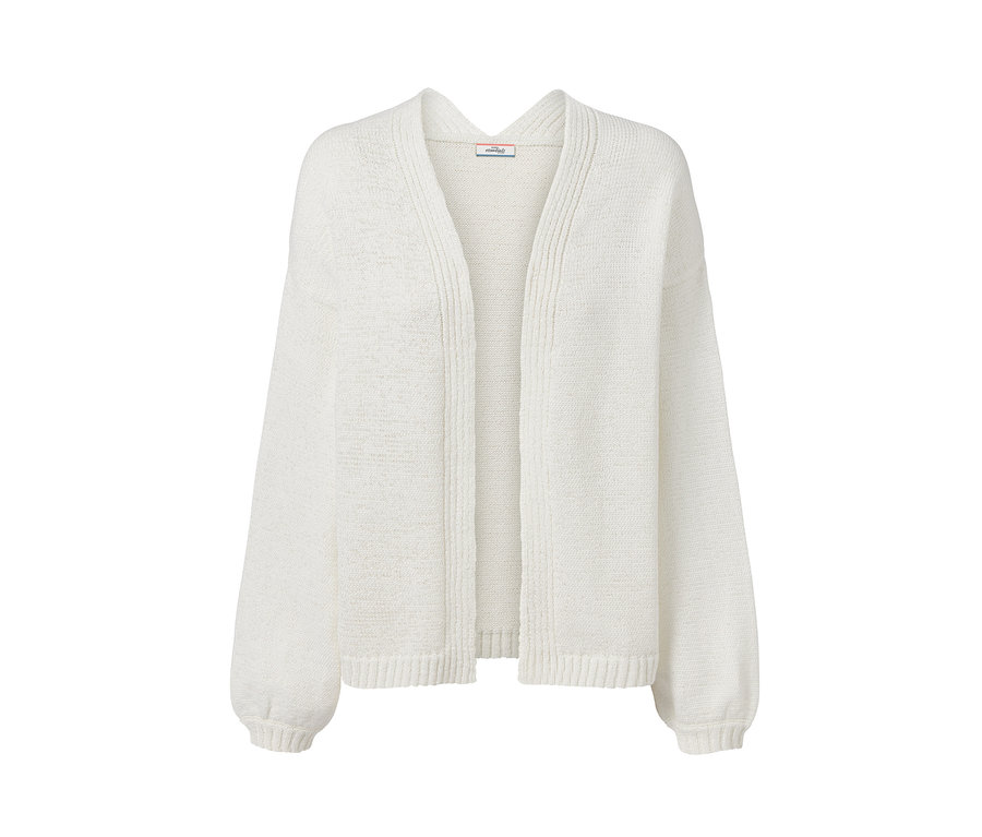 Cardigan ouvert blanc en fil à bandelettes.
