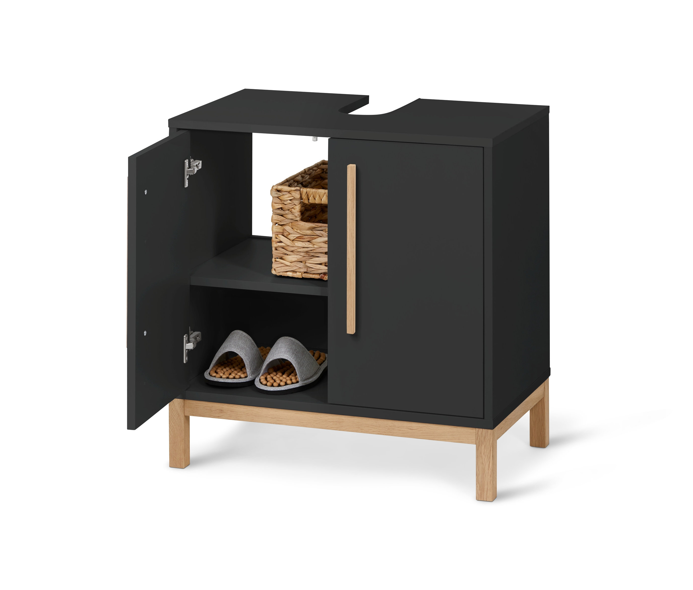 Meuble sous-vasque anthracite »Eklund« avec porte ouverte, panier et chaussons à l'intérieur.