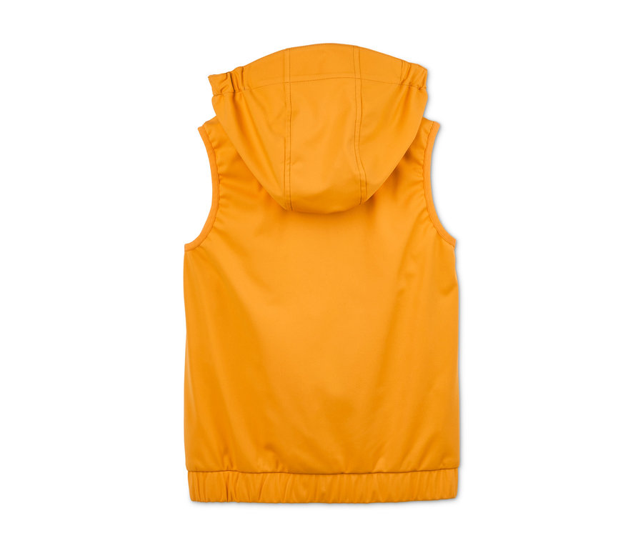 Vue arrière d'une veste softshell hybride jaune en matériaux recyclés avec une capuche.