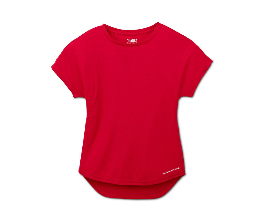 Un t-shirt de sport rouge à manches courtes pour filles avec l'inscription "positive mind" en bas à droite.
