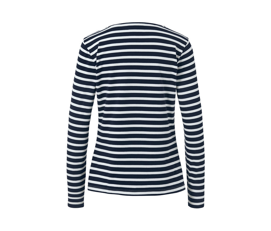 Vue arrière d'un t-shirt à manches longues rayé bleu marine et blanc crème.