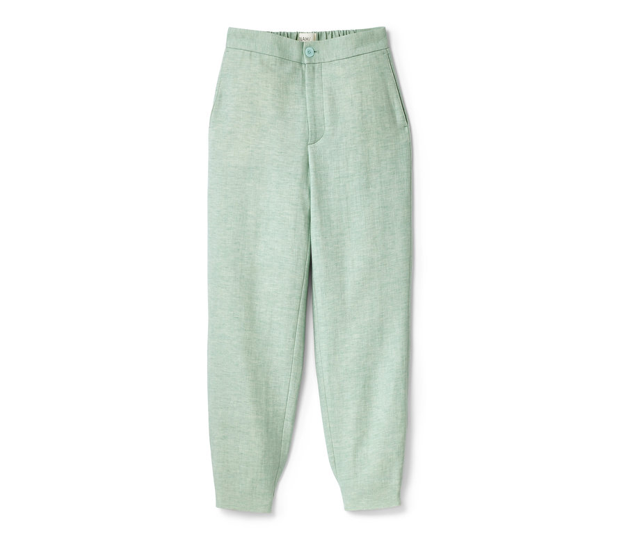 Pantalon NAH/STUDIO vert en mélange coton et lin.