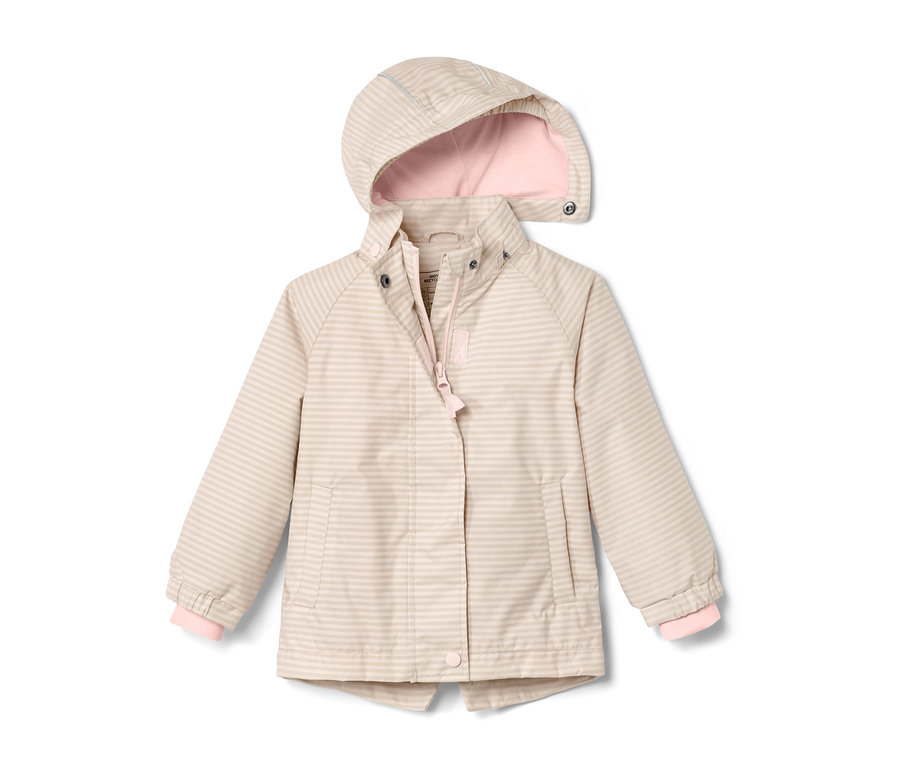 Veste de pluie pour enfant, à rayures, avec capuche et doublure rose.