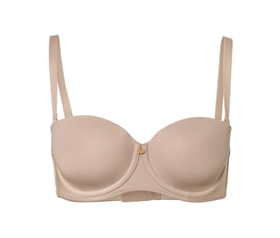 Soutien-gorge multiposition beige sur fond blanc.