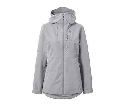 Veste d'extérieur technique grise avec capuche et fermeture éclair.
