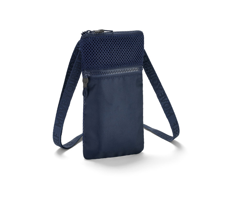 Un sac à bandoulière bleu pour smartphone avec deux fermetures éclair.