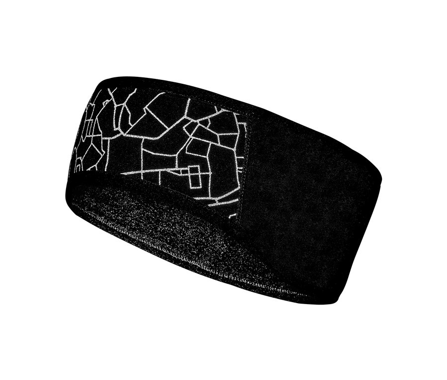 Bandeau de protection contre le vent noir avec motif géométrique blanc.