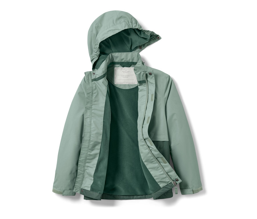 Veste polyvalente pour enfant vert clair ouverte avec capuche.