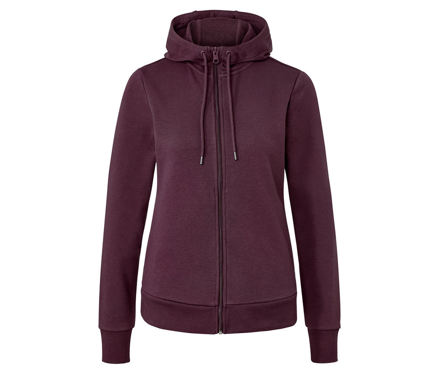 Jaquette en sweat violette avec capuche et fermeture éclair.