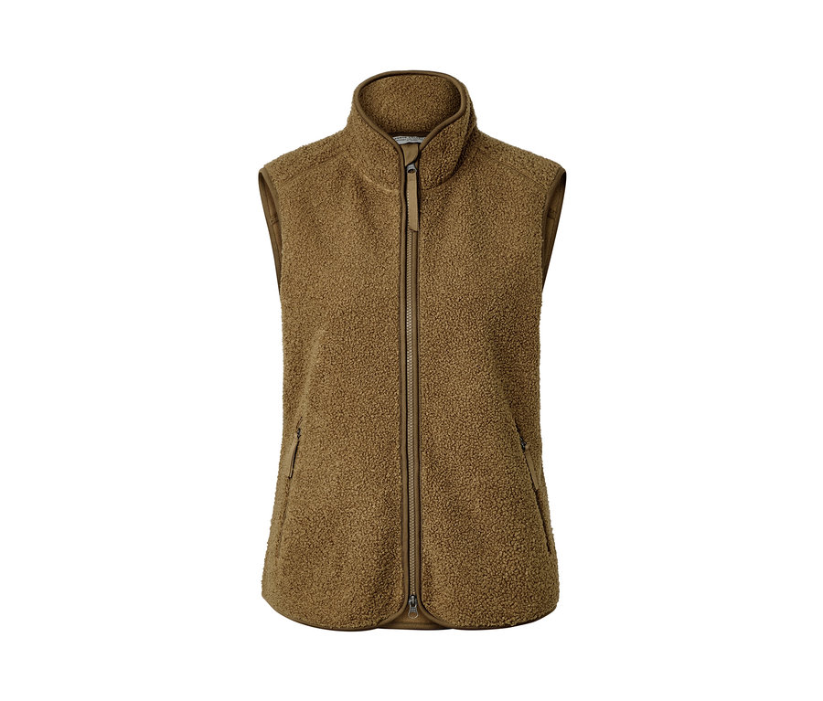 Un gilet sans manches en peluche teddy marron avec une fermeture éclair au centre.