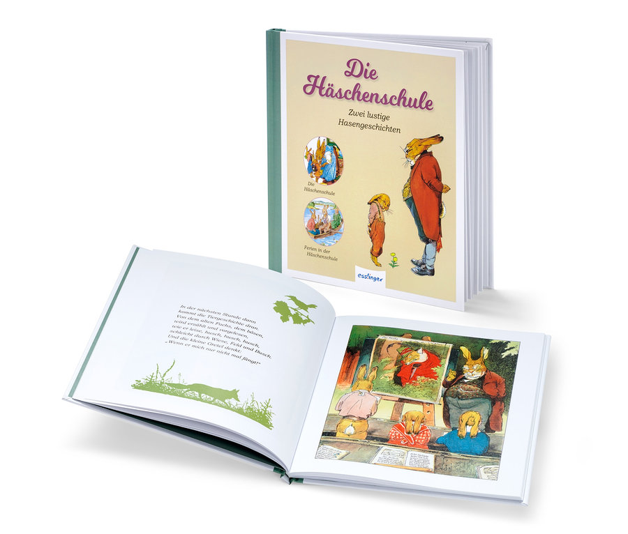 Deux exemplaires ouverts du livre « Die Häschenschule » montrant des illustrations de lapins.
