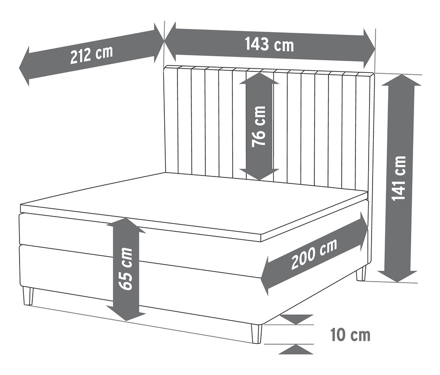 Schéma d'un lit à sommier tapissier, 140 x 200 cm, avec une hauteur de 65 cm, une hauteur de tête de lit de 76 cm et une hauteur totale de 141 cm.