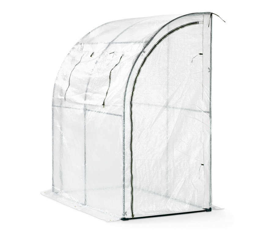 Une serre de protection à adosser transparente avec fermeture éclair.