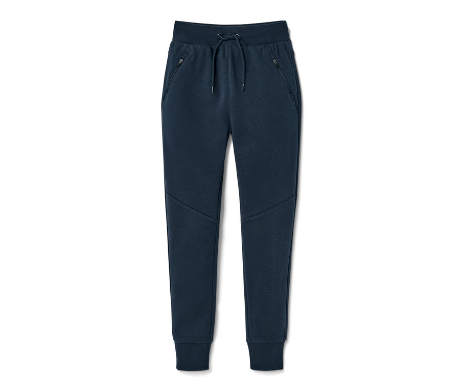Un pantalon sweat pour enfant bleu marine avec cordon de serrage à la taille et poches zippées.