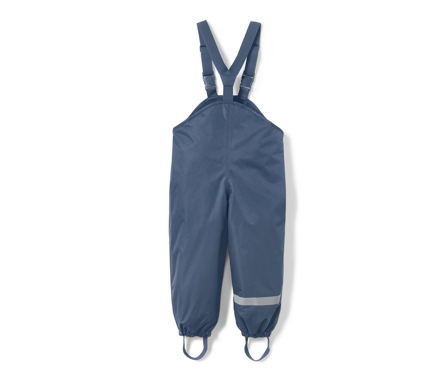 Pantalon de pluie thermique bleu foncé pour enfant avec bretelles et bandes réfléchissantes.