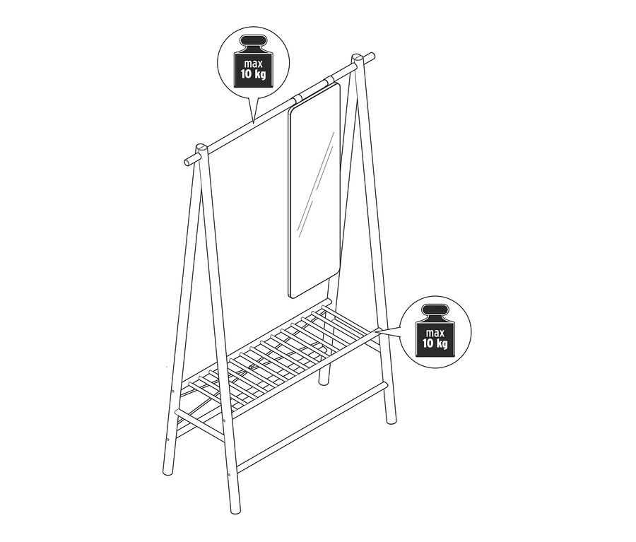 Un dessin d'un portant en bois avec un miroir et une étagère inférieure. La capacité de charge maximale de la barre supérieure et de l'étagère inférieure est de 10 kg.