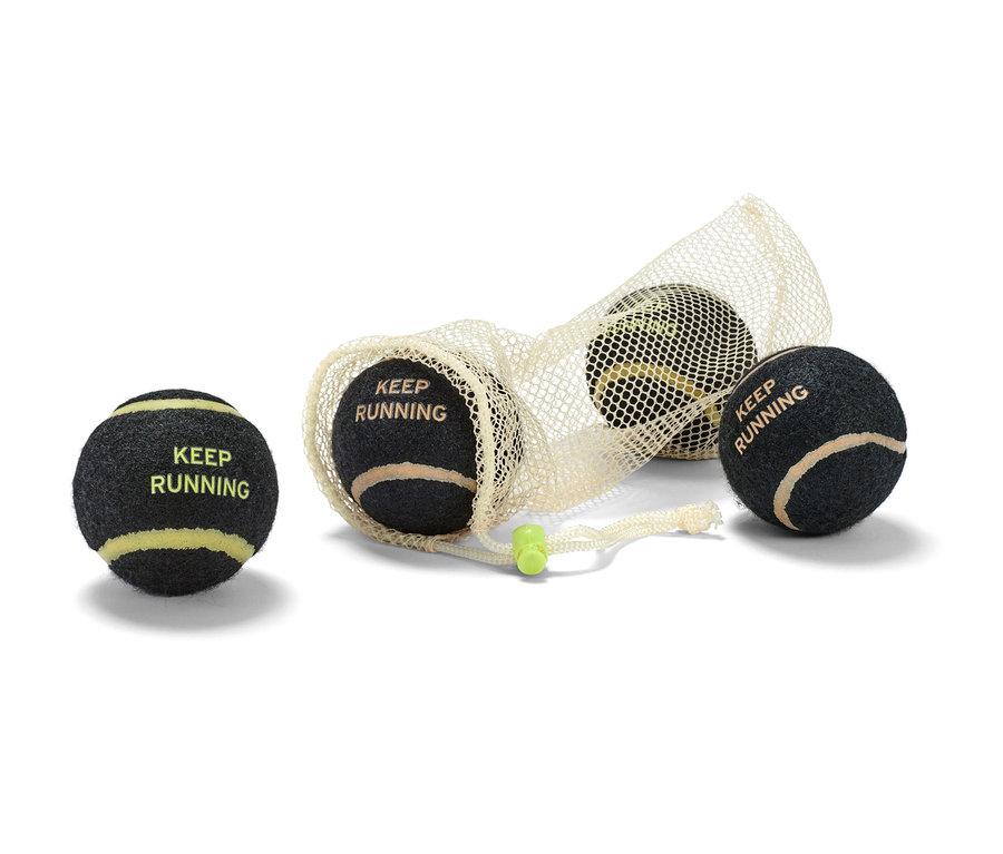 Quatre balles pour chien, dont trois dans un sac en filet.