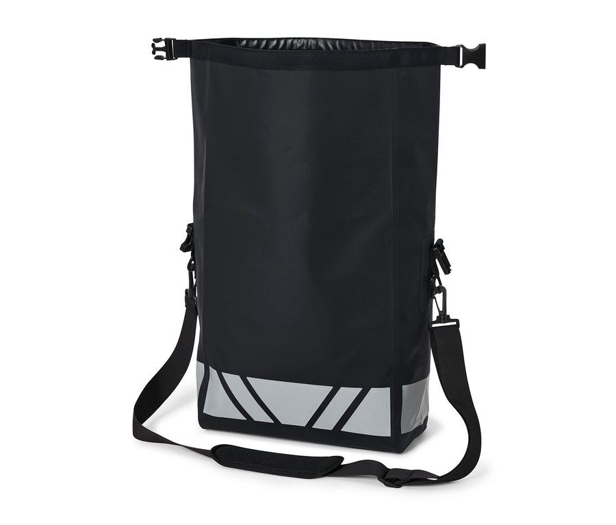 Sacoche imperméable à bandoulière noire pour vélo avec éléments réfléchissants.