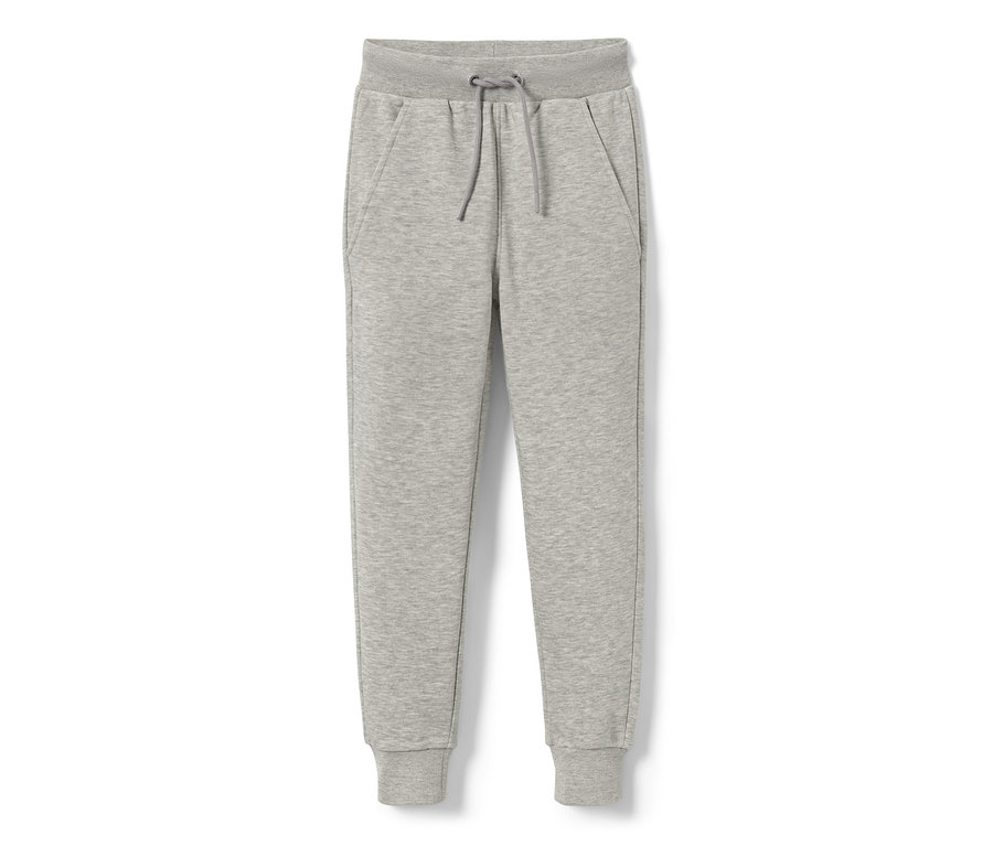 Un pantalon de survêtement pour enfant, gris chiné, avec cordon de serrage à la taille.