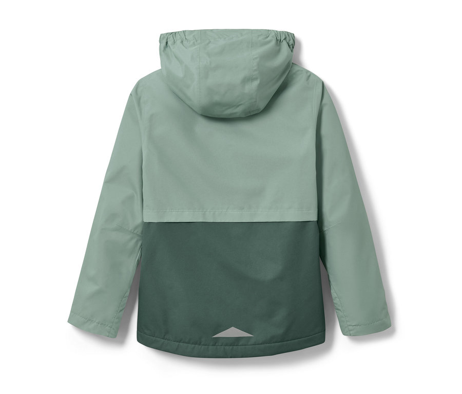 Vue arrière d'une veste polyvalente pour enfant vert et vert foncé.